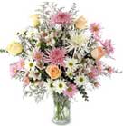 What a pleasure to smell the mixed pastel bouquet includes Roses, Daisy poms, Alstroemeria, Mums, and more.